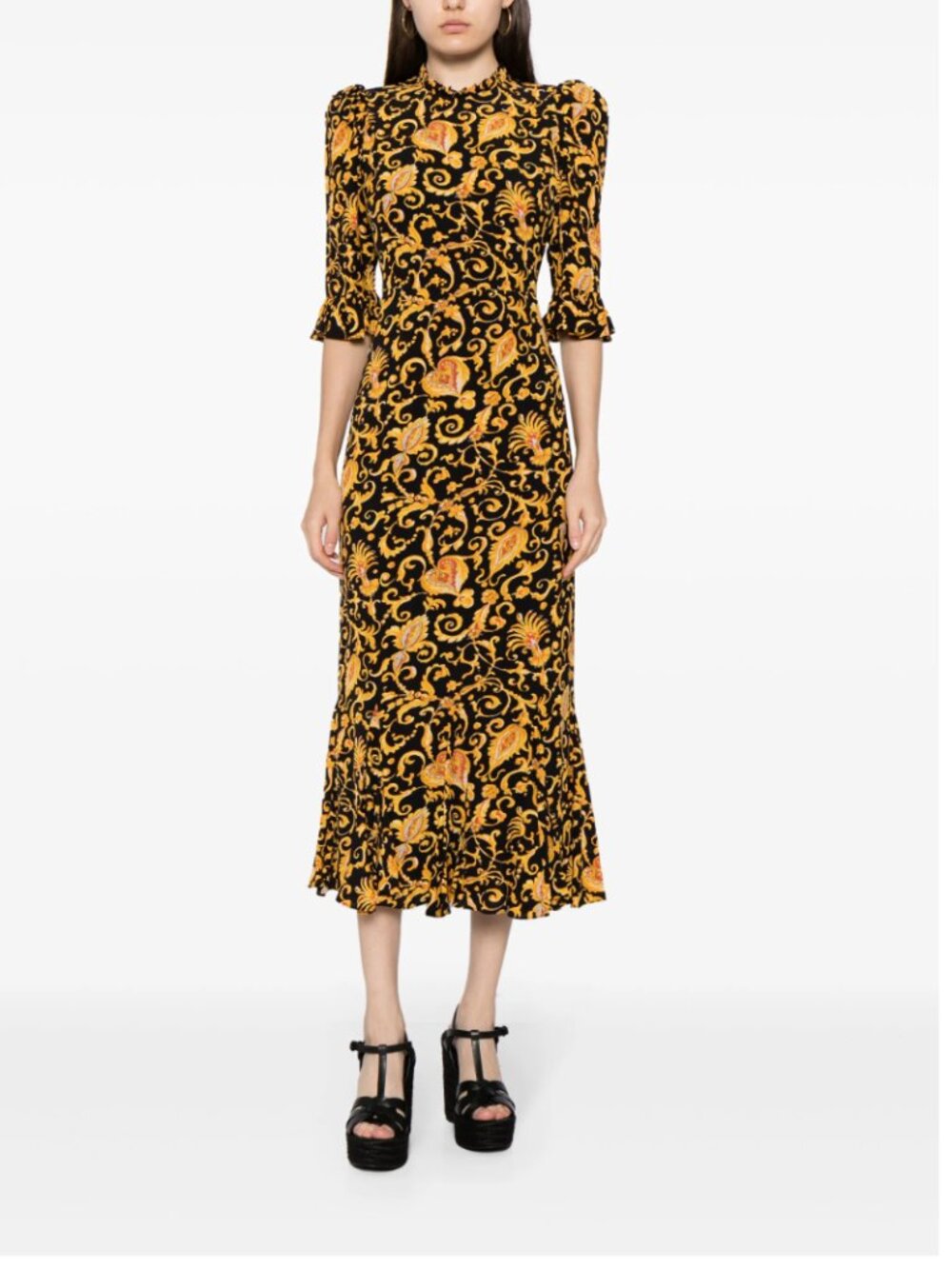 RHODE Felix Dress Size 8 Medallion Ruffle Midi Dress Gold Resort Wedding Guest